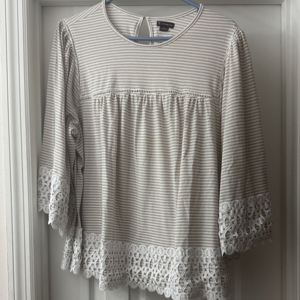 Women’s Beige and White Striped Lace Accent Blouse